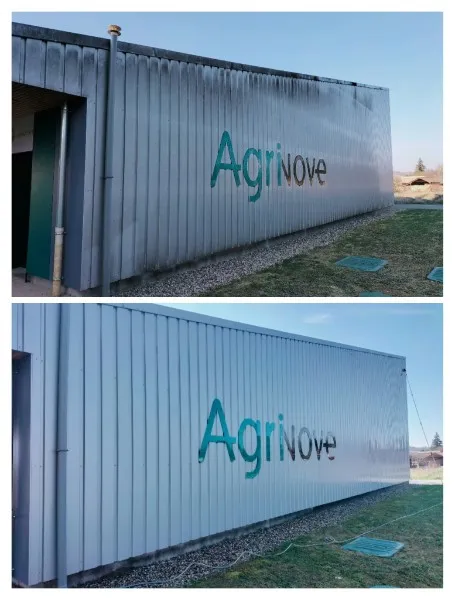 Bâtiment Agrinove avant / après nettoyage de bardage