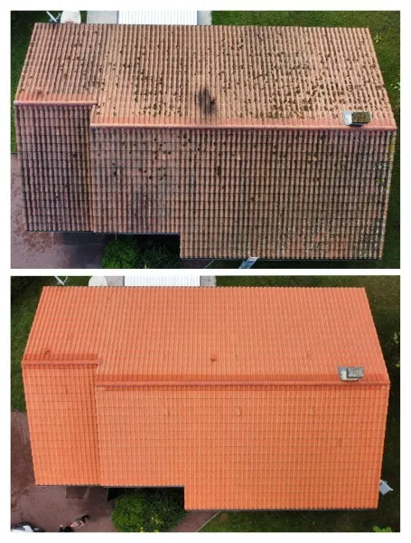 Toiture de maison avant / après nettoyage vapeur, vue drone
