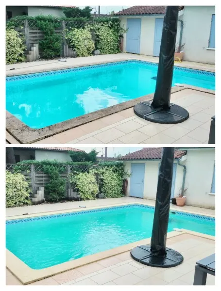 Détail de lames de terrasse en bois avant / après nettoyage
