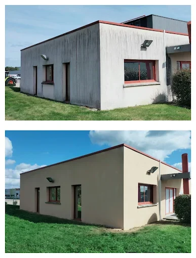 Nettoyage de façade de bâtiment d'activité beige avant / après
