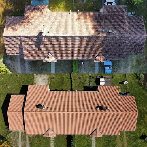 Toiture de maison inspectée et traitée par drone, avant / après