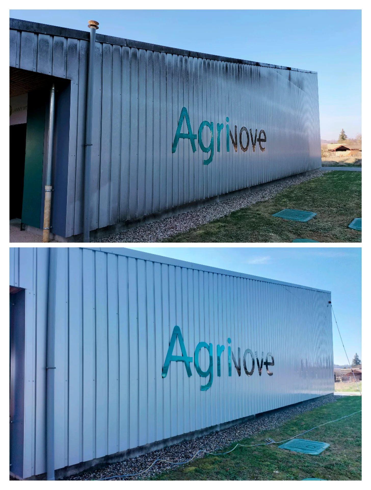 Bardage métallique de bâtiment agricole avant / après nettoyage