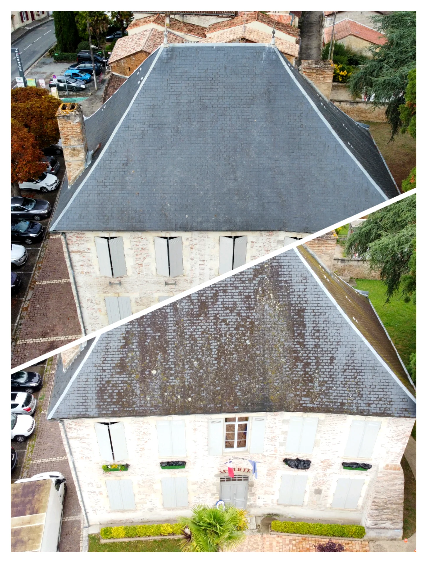 Town hall roof before / after cleaning, drone view