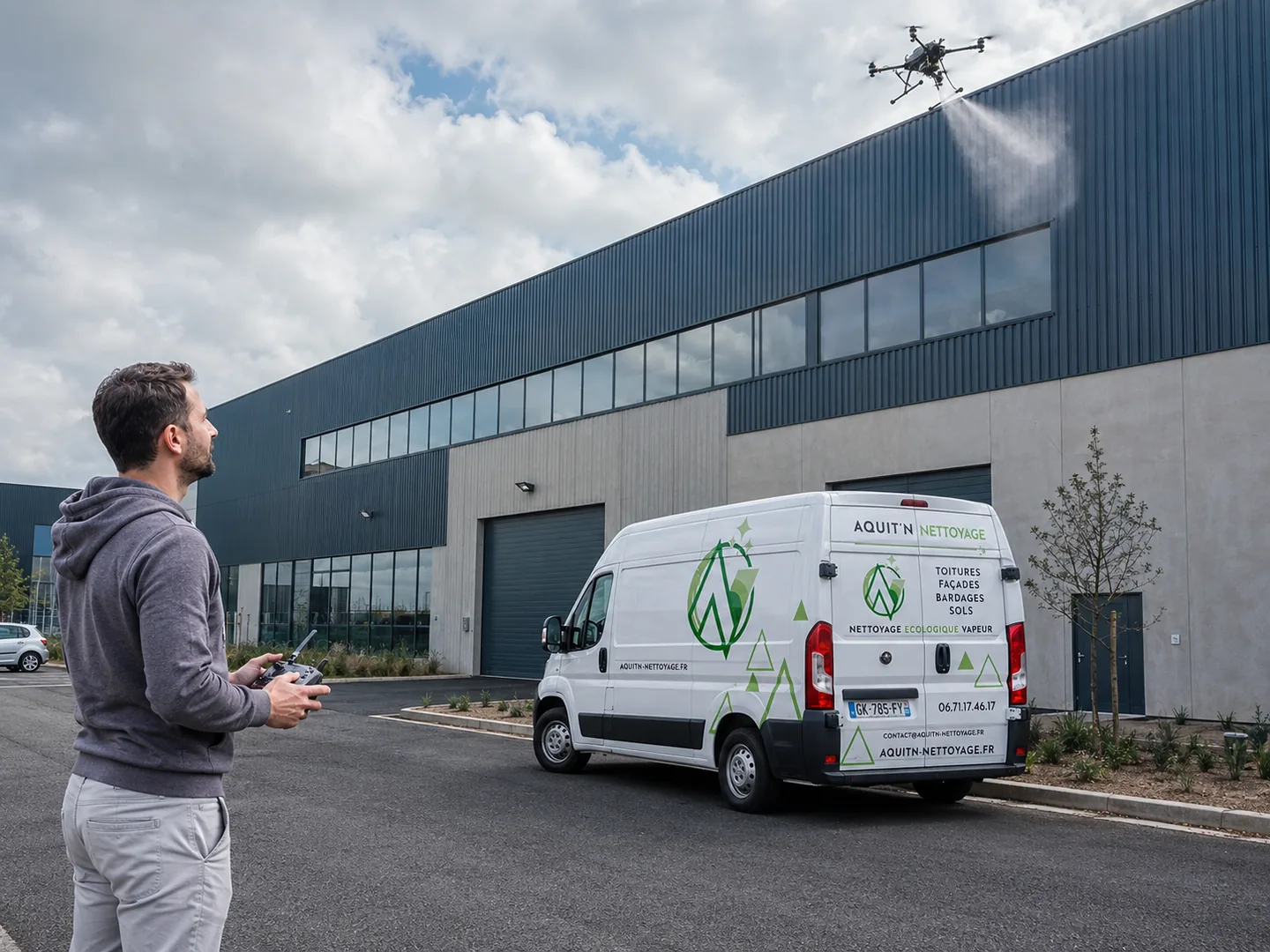 Drone cladding cleaning of a commercial building in Nouvelle-Aquitaine