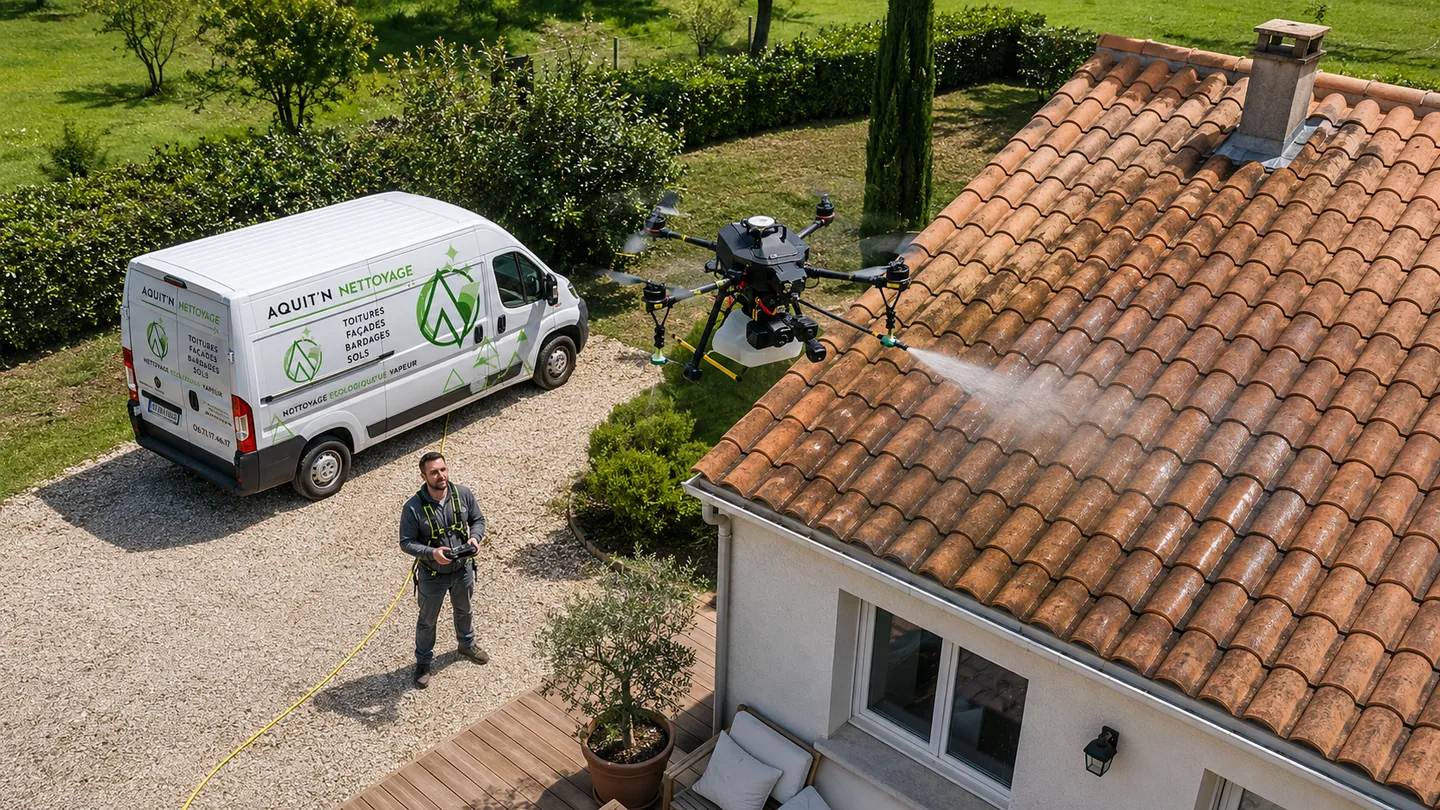 Aquit'n Nettoyage technician with the van in front of a cleaned house