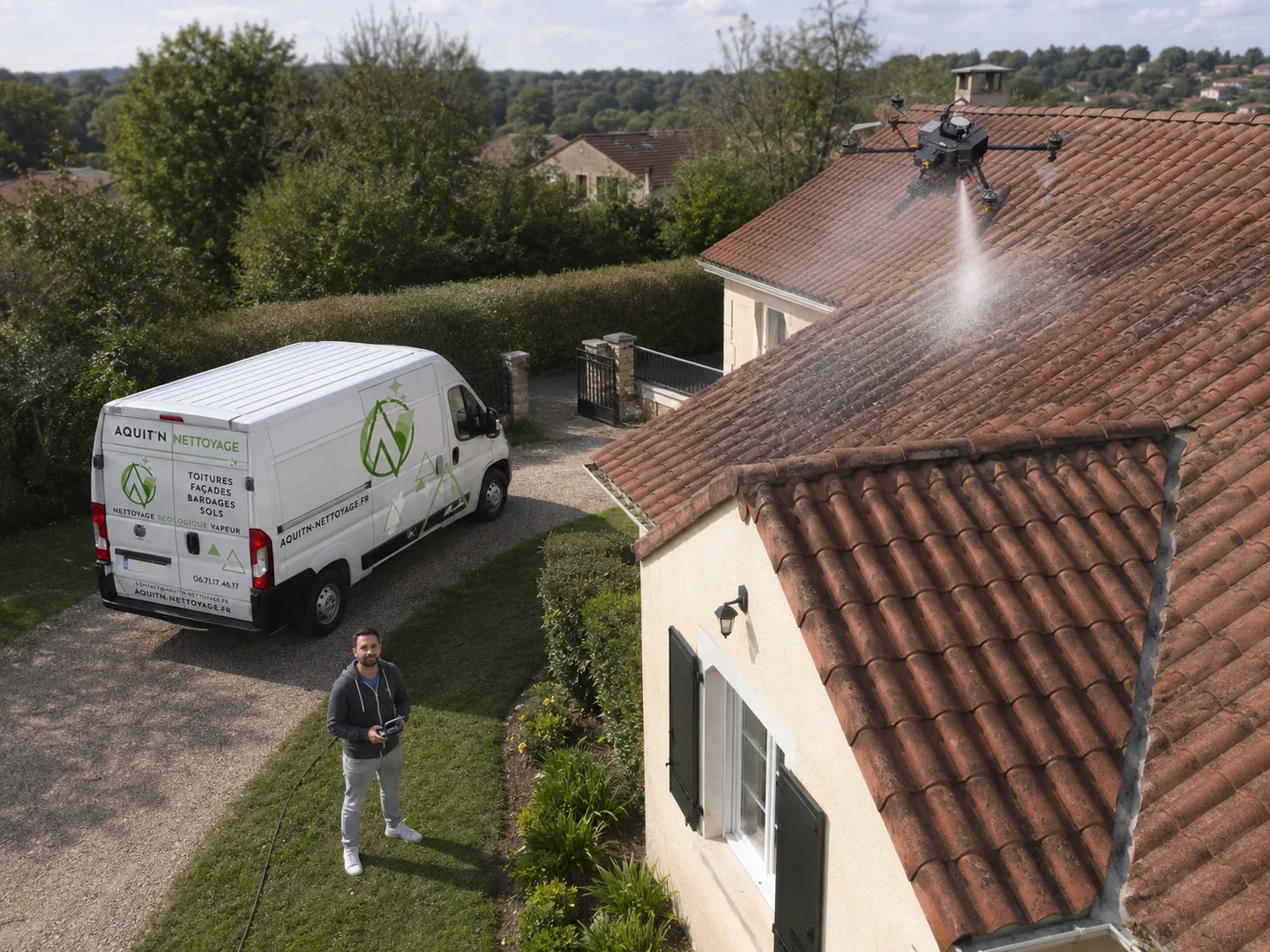 Drone roof cleaning at a private home, with the Aquit'n Nettoyage van