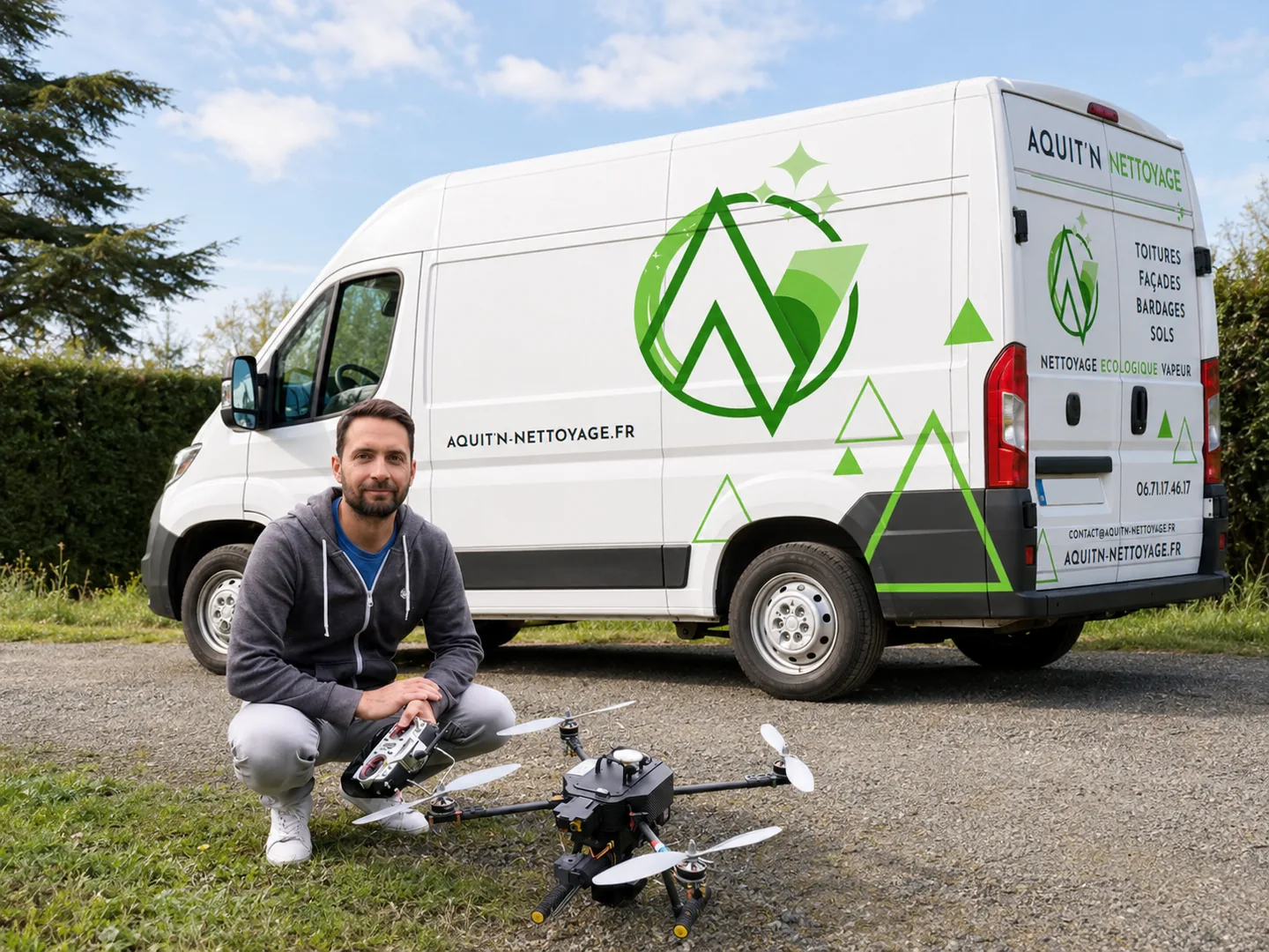 Kevin Serafin, founder of Aquit'n Nettoyage, with the company van and drone