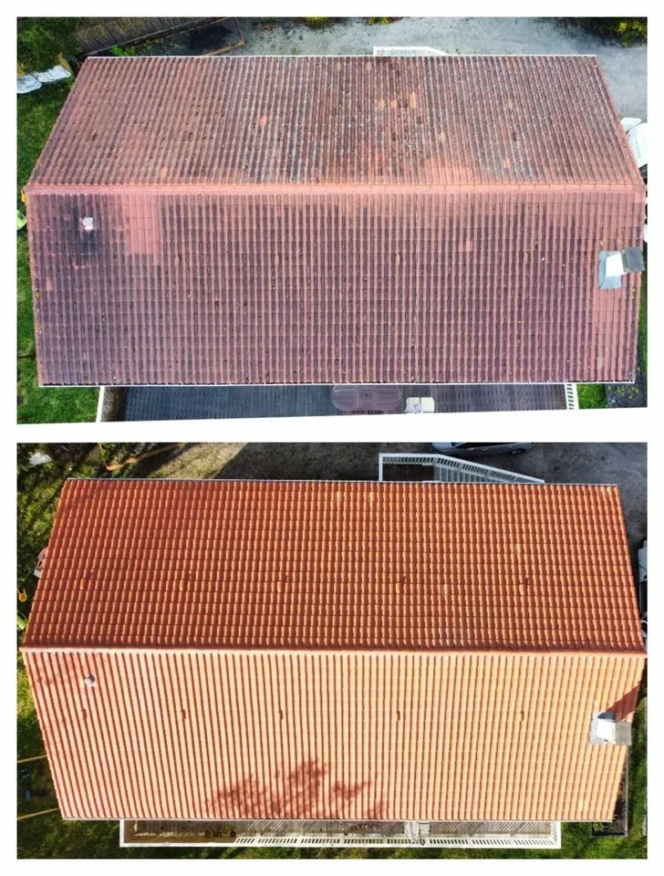 Drone-cleaned roof, before / after view